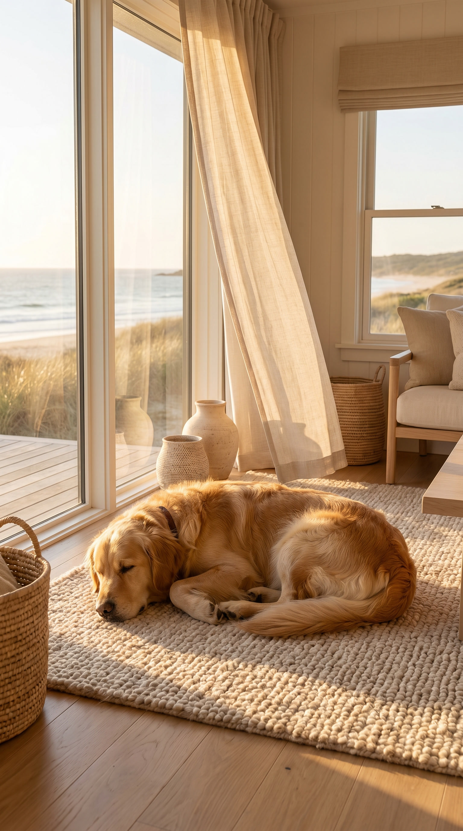Charlie resting in golden coastal light